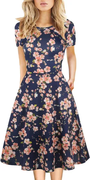 Women's Elegant Vintage 50s Office Casual Floral Print Work Party A-Line Swing Dress with Pockets 162