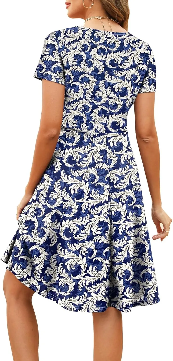 Women's Elegant Vintage Summer Sweetheart Neck Short Sleeve Casual Work Party Business A-Line Dress 163