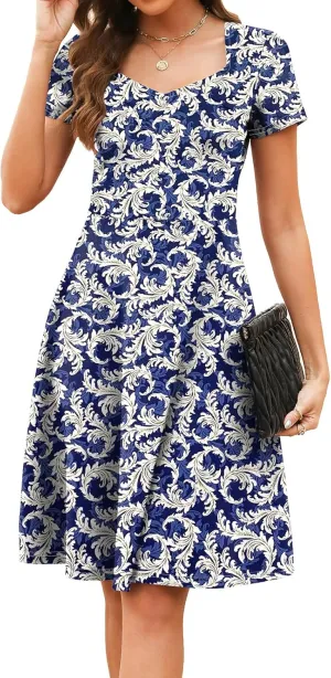 Women's Elegant Vintage Summer Sweetheart Neck Short Sleeve Casual Work Party Business A-Line Dress 163