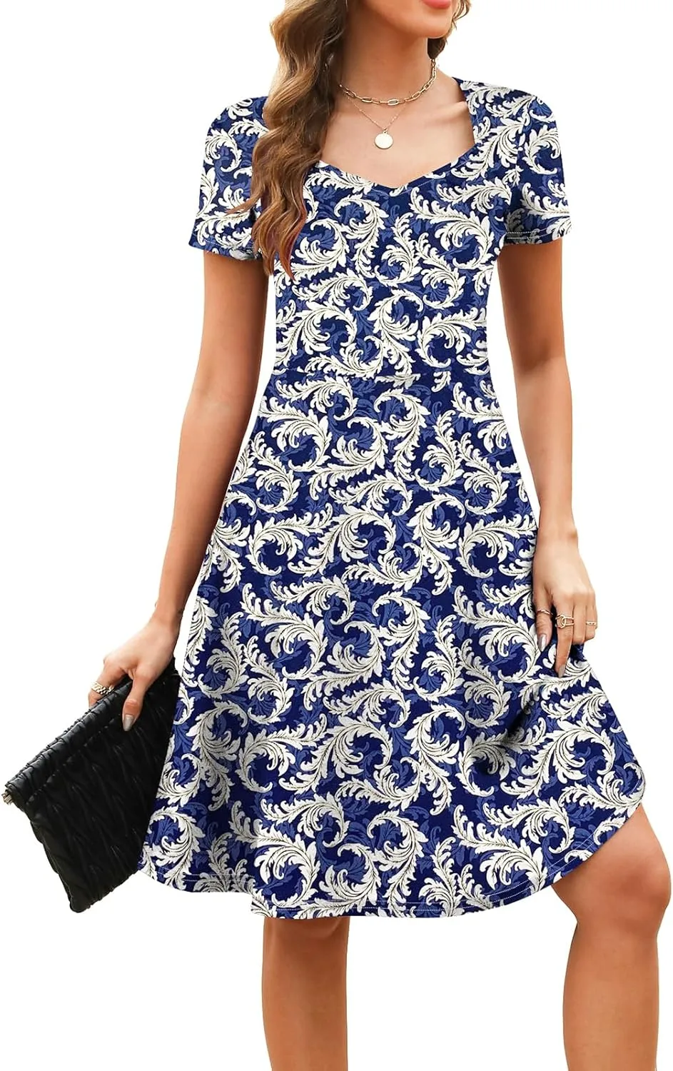 Women's Elegant Vintage Summer Sweetheart Neck Short Sleeve Casual Work Party Business A-Line Dress 163