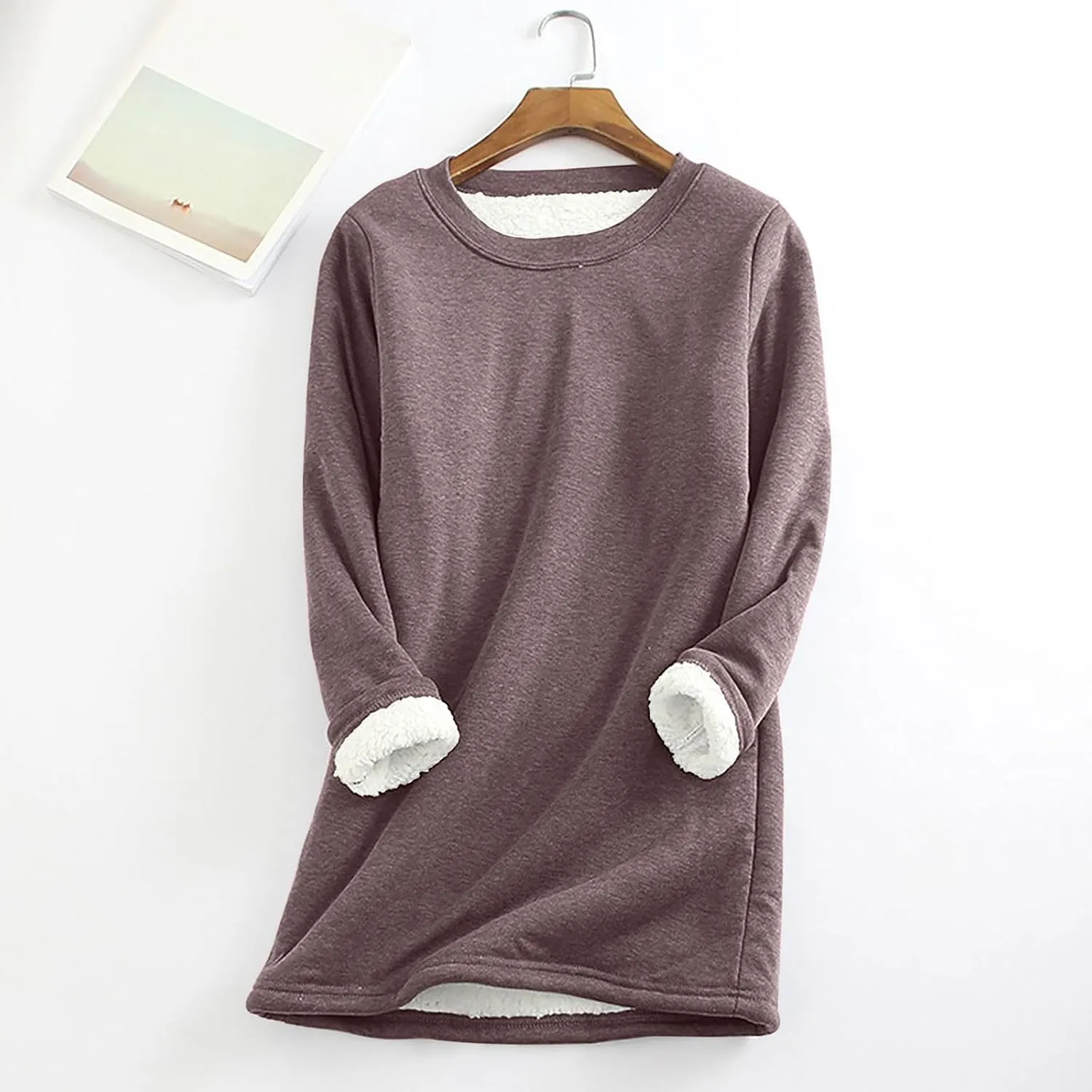 Womens Fall Winter Shirts 2023 Long Sleeve Crewneck Solid Sweatshirt Pullover Thickened and Lamb Wool Warm Clothes