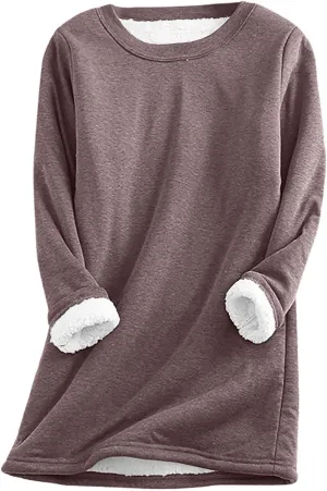 Womens Fall Winter Shirts 2023 Long Sleeve Crewneck Solid Sweatshirt Pullover Thickened and Lamb Wool Warm Clothes