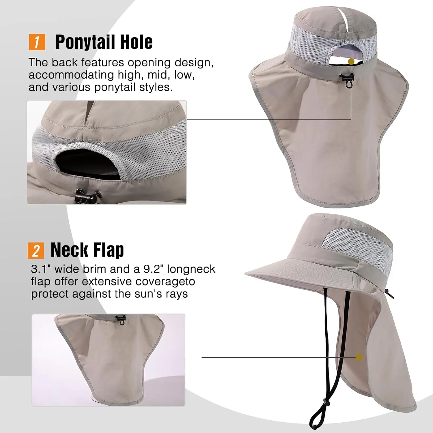 Women's Flap Ponytail UV 50 Packable Mesh Sun Fishing Beach Hiking Oversized XL XXL Hat