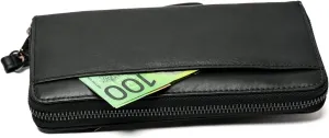Women's Genuine Leather Large Wallet RFID Block Black Brown Chestnut Ladies Purse Clutch, BLACK, RFID Safe Zip Closure Slim Genuine Leather Wallet Clutch Purse