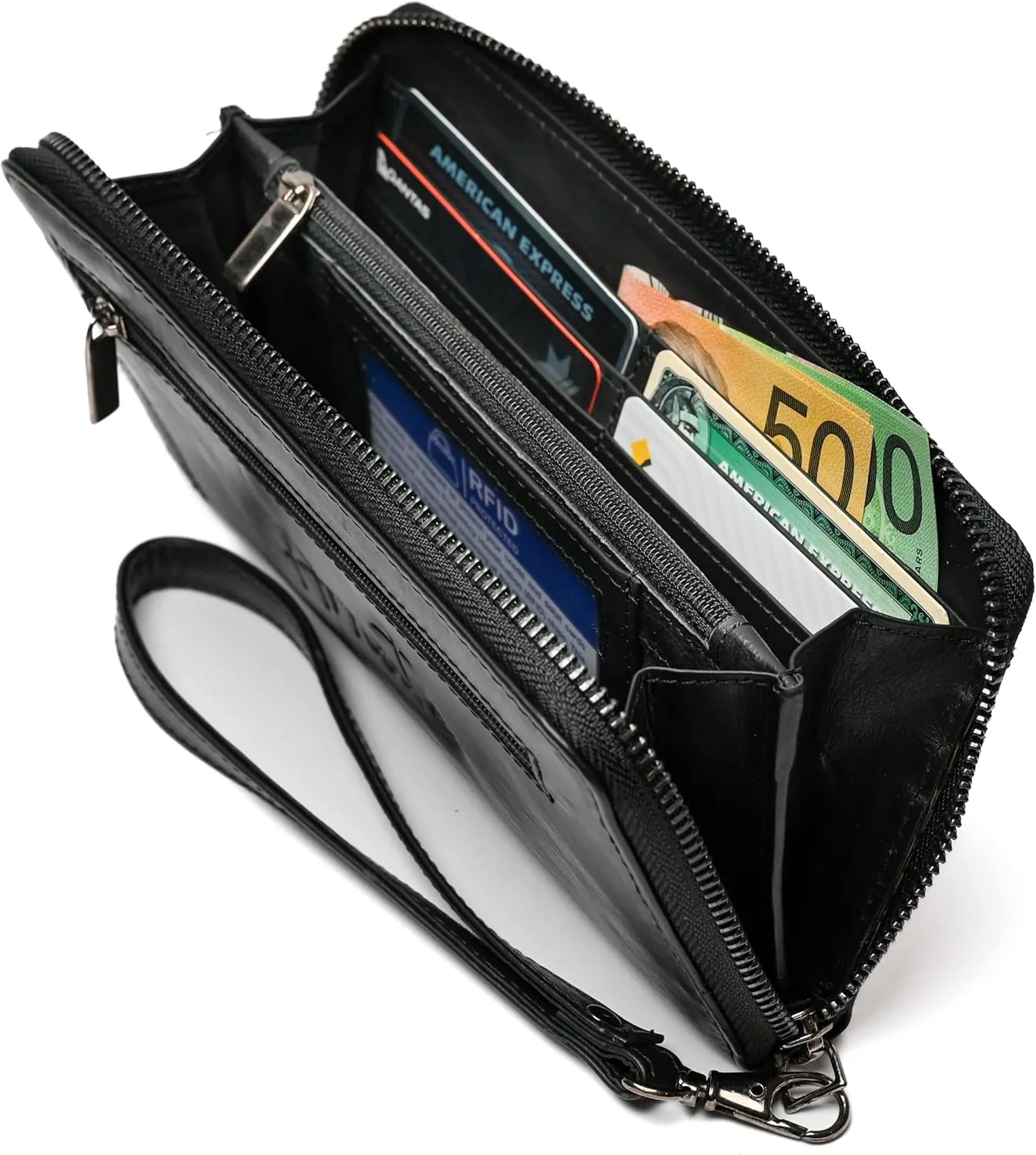 Women's Genuine Leather Large Wallet RFID Block Black Brown Chestnut Ladies Purse Clutch, BLACK, RFID Safe Zip Closure Slim Genuine Leather Wallet Clutch Purse