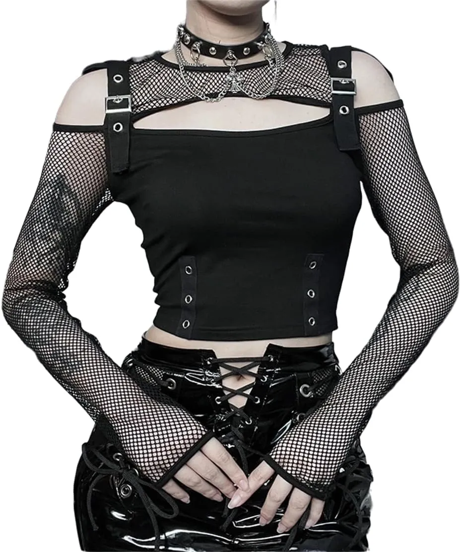 Women's Gothic T-Shirt Goth Crop Top Y2k Streetwear Long Sleeve Tops Rave Shirts