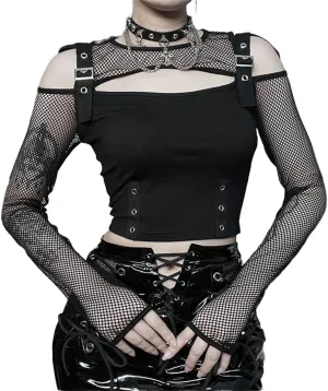 Women's Gothic T-Shirt Goth Crop Top Y2k Streetwear Long Sleeve Tops Rave Shirts