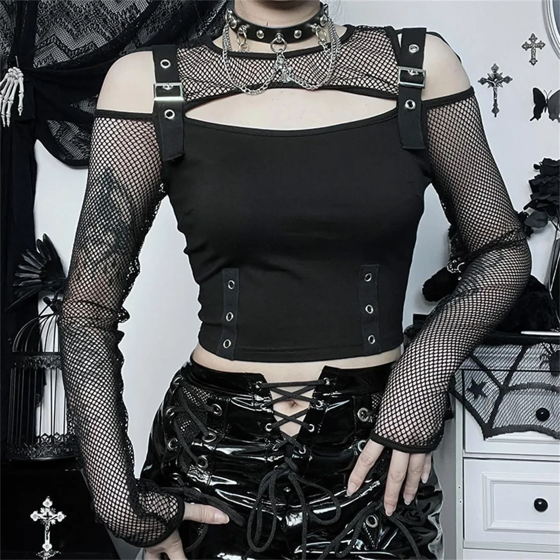 Women's Gothic T-Shirt Goth Crop Top Y2k Streetwear Long Sleeve Tops Rave Shirts