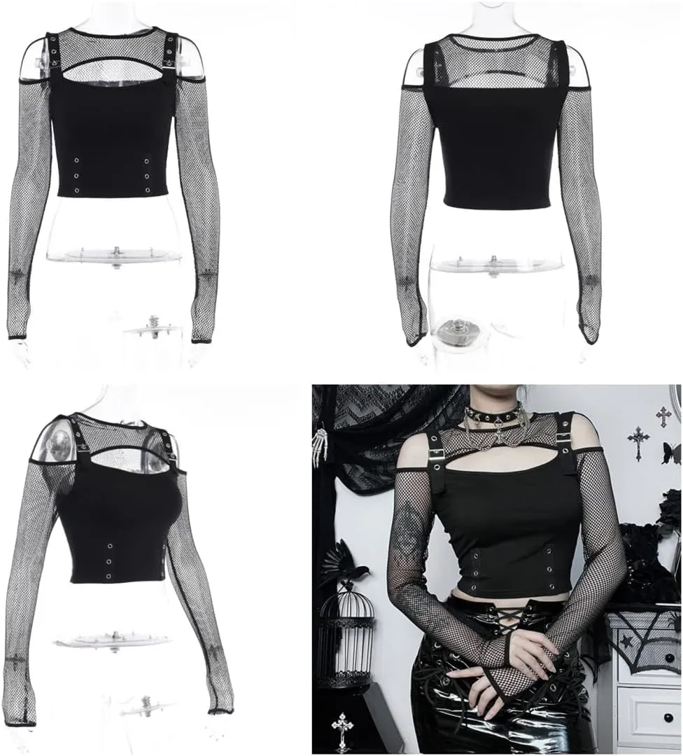 Women's Gothic T-Shirt Goth Crop Top Y2k Streetwear Long Sleeve Tops Rave Shirts