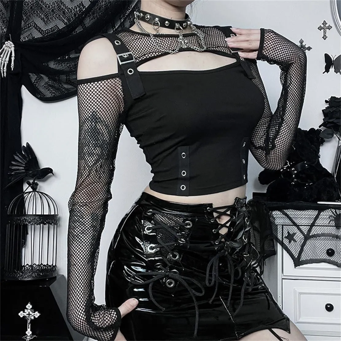 Women's Gothic T-Shirt Goth Crop Top Y2k Streetwear Long Sleeve Tops Rave Shirts