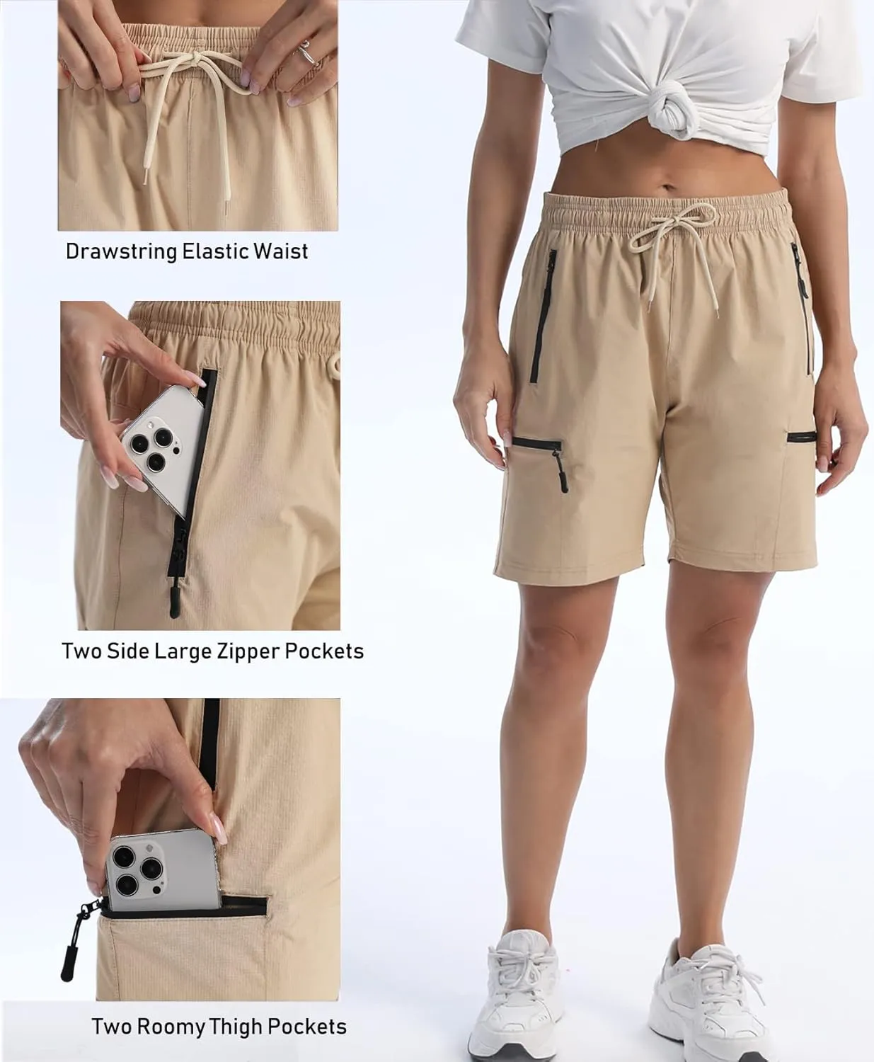 Women's Hiking Cargo Shorts Travel Athletic Golf Quick Dry Lightweight Summer Shorts for Women with Zipper Pockets