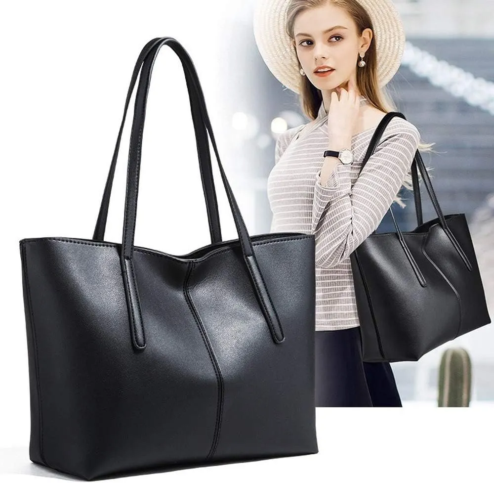 Women's Large Capacity Zipper Bag Soft Leather OL Single Shoulder Handbag Tote