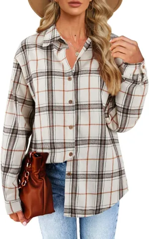 Womens Long Sleeve Plaid Shirts Flannel Collared Button Down Shackets Casual Rolled Up Boyfriend Blouses Tops