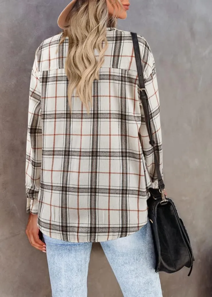 Womens Long Sleeve Plaid Shirts Flannel Collared Button Down Shackets Casual Rolled Up Boyfriend Blouses Tops