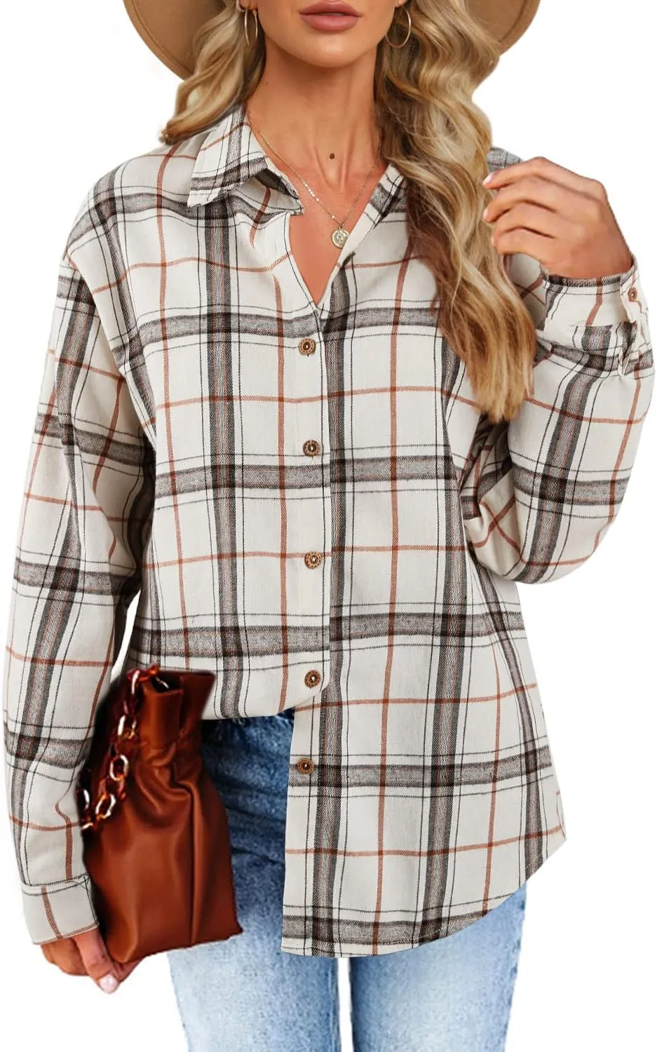 Womens Long Sleeve Plaid Shirts Flannel Collared Button Down Shackets Casual Rolled Up Boyfriend Blouses Tops