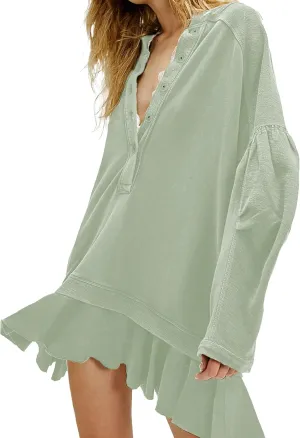 Womens Long Sleeve Pullover Sweatshirt Dress Button Down Oversize Fall Mini Dress