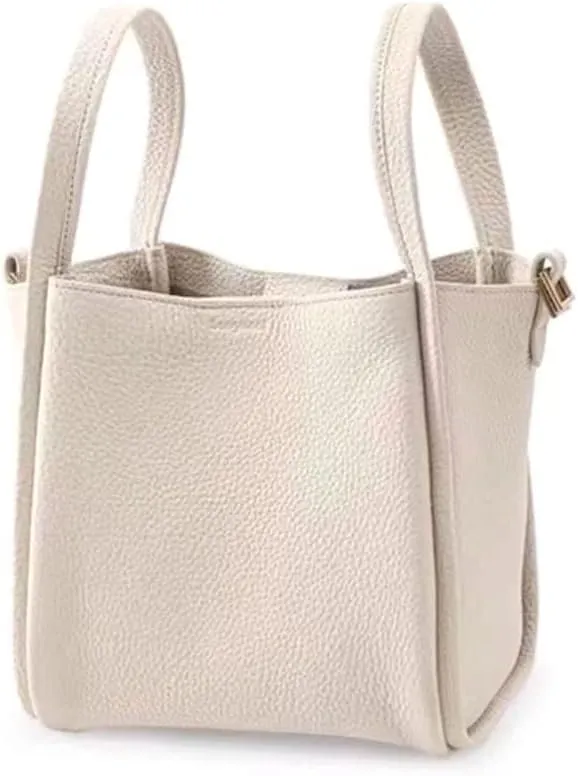 Women's Medium Size Vegetable Basket Bag - Large Capacity Cowhide Shoulder Bag - Beige