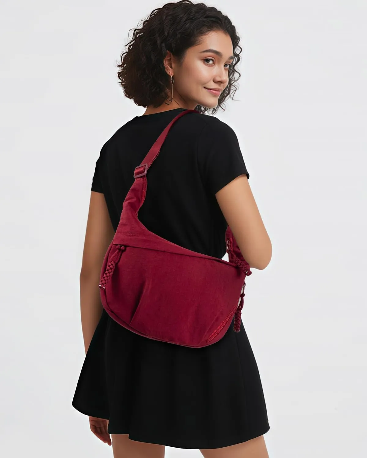Women's Nylon Hobo Crescent Crossbody Bag, Multi-Pocket Sling Bag, Half Moon Shoulder Purse