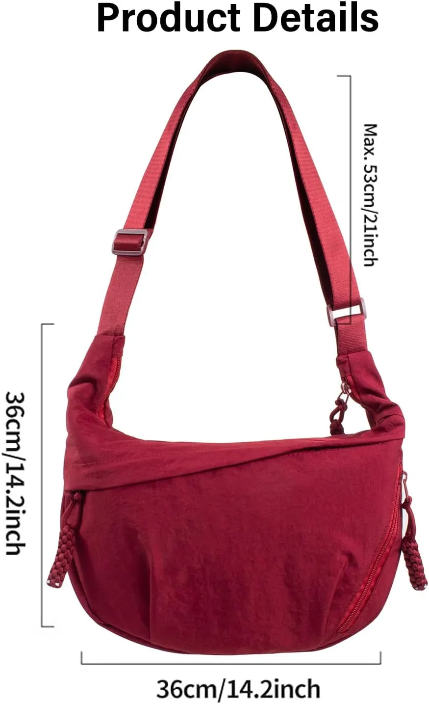 Women's Nylon Hobo Crescent Crossbody Bag, Multi-Pocket Sling Bag, Half Moon Shoulder Purse
