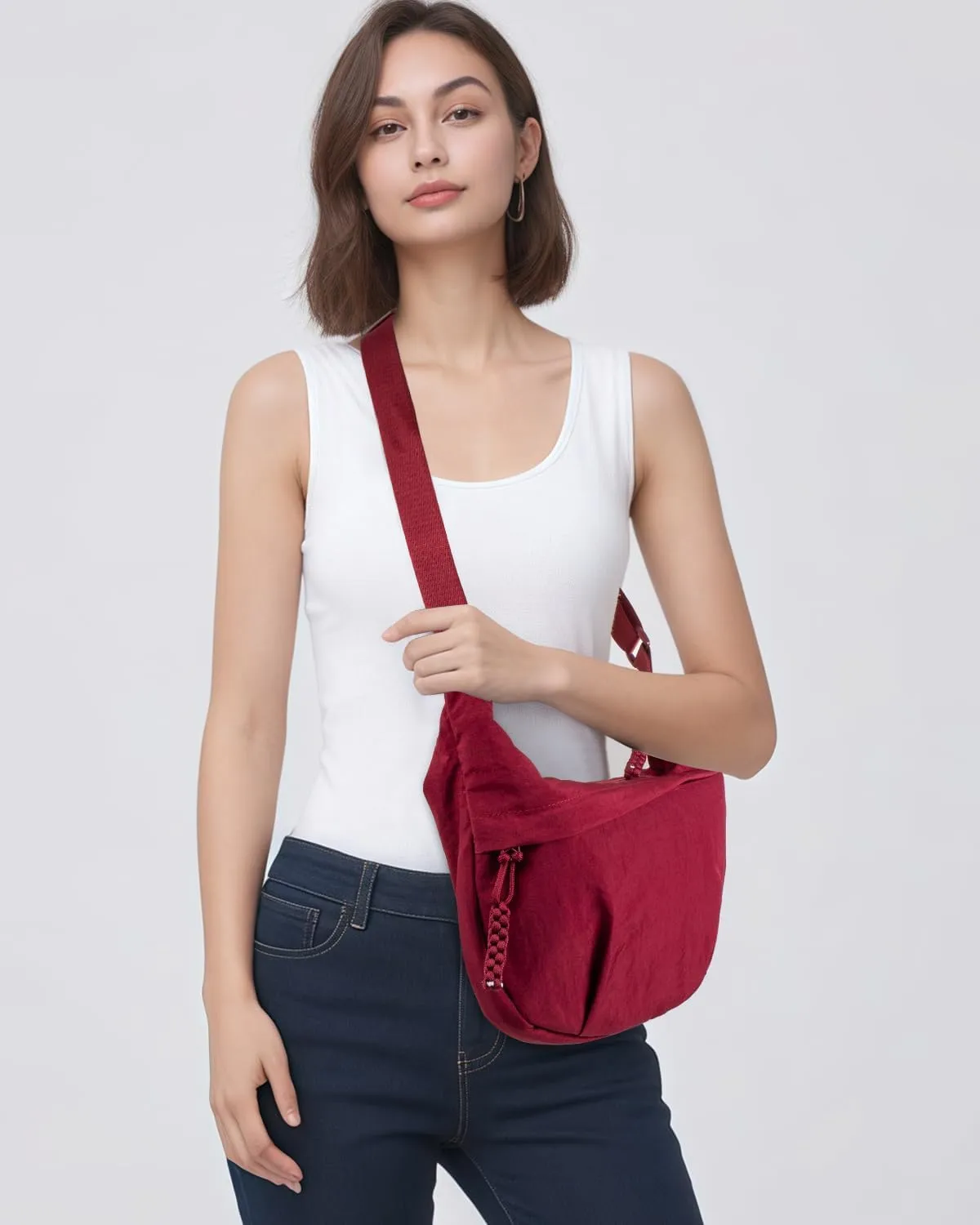 Women's Nylon Hobo Crescent Crossbody Bag, Multi-Pocket Sling Bag, Half Moon Shoulder Purse