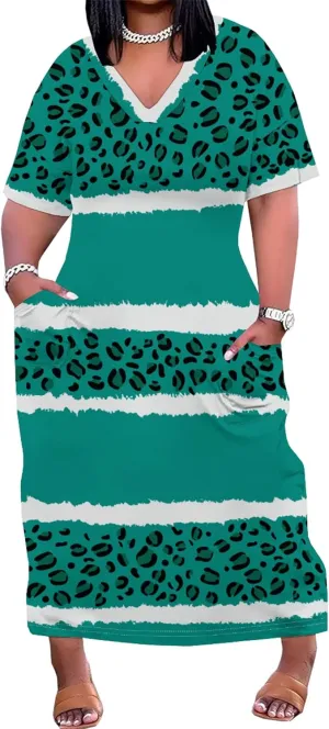 Women's Oversized Short-Sleeved Dress Denim Print V-Neck T-Shirt Maxi Dress Summer Trend Beach Sundress with Pockets