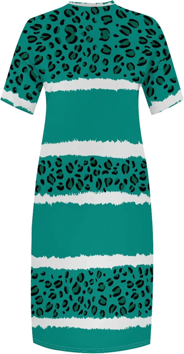 Women's Oversized Short-Sleeved Dress Denim Print V-Neck T-Shirt Maxi Dress Summer Trend Beach Sundress with Pockets