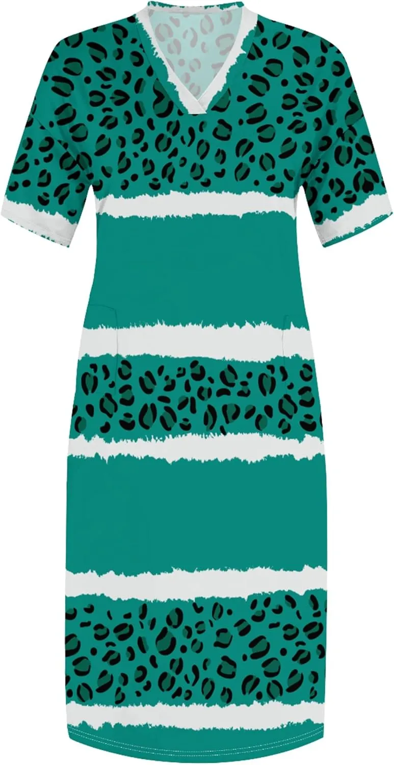 Women's Oversized Short-Sleeved Dress Denim Print V-Neck T-Shirt Maxi Dress Summer Trend Beach Sundress with Pockets