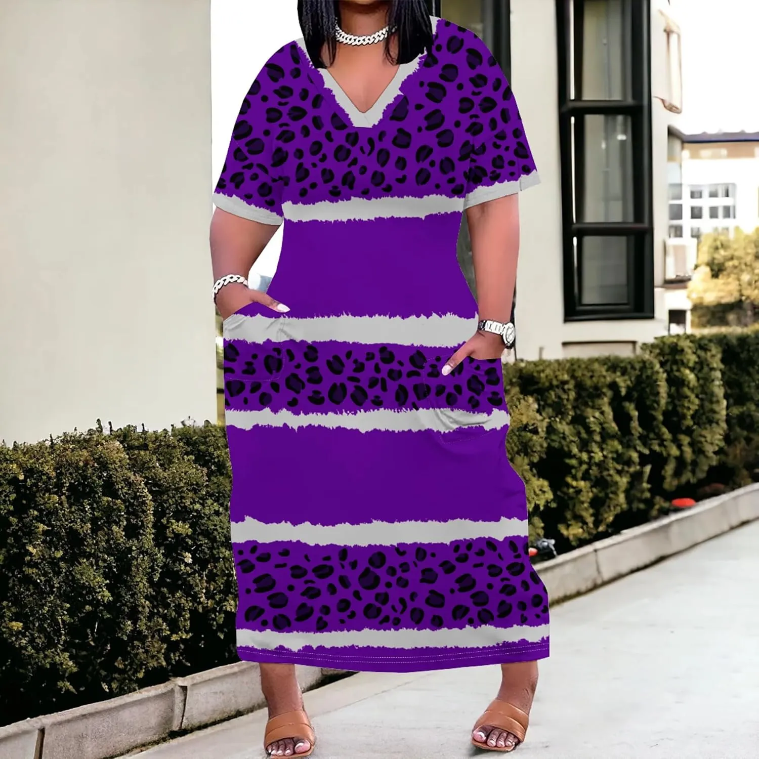 Women's Oversized Short-Sleeved Dress Denim Print V-Neck T-Shirt Maxi Dress Summer Trend Beach Sundress with Pockets