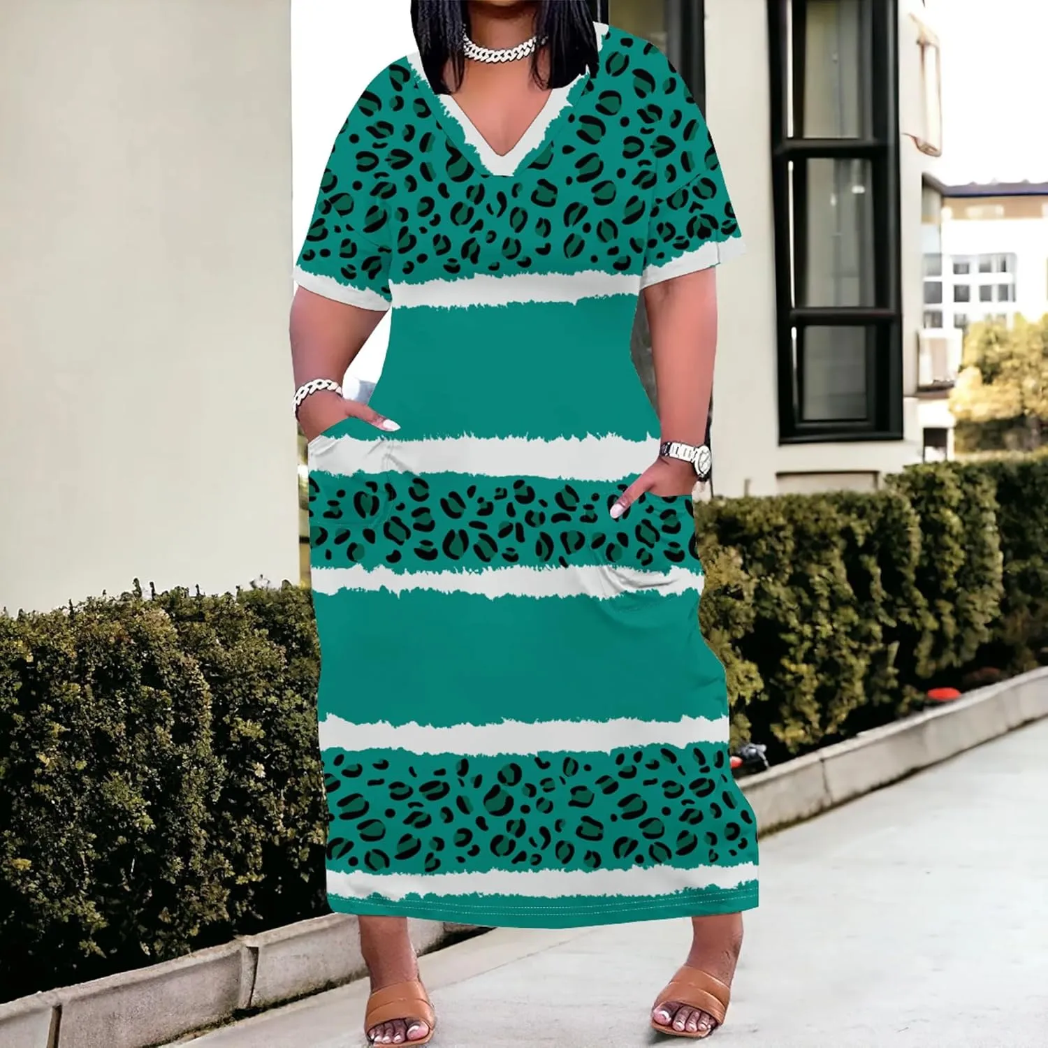 Women's Oversized Short-Sleeved Dress Denim Print V-Neck T-Shirt Maxi Dress Summer Trend Beach Sundress with Pockets