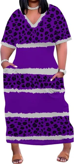 Women's Oversized Short-Sleeved Dress Denim Print V-Neck T-Shirt Maxi Dress Summer Trend Beach Sundress with Pockets