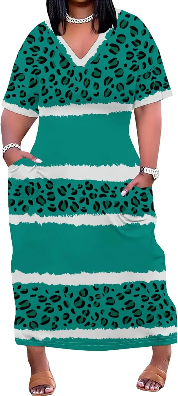 Women's Oversized Short-Sleeved Dress Denim Print V-Neck T-Shirt Maxi Dress Summer Trend Beach Sundress with Pockets