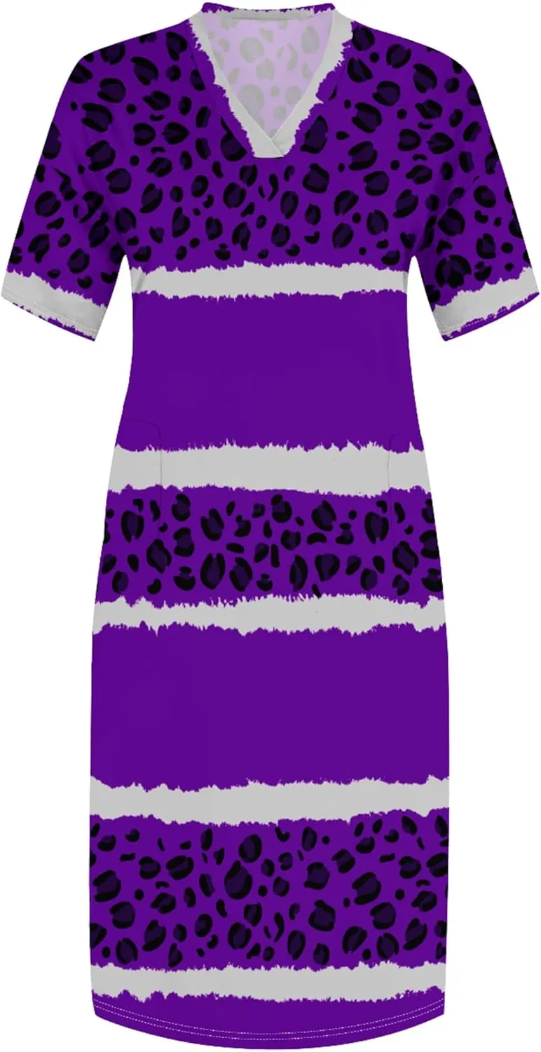 Women's Oversized Short-Sleeved Dress Denim Print V-Neck T-Shirt Maxi Dress Summer Trend Beach Sundress with Pockets