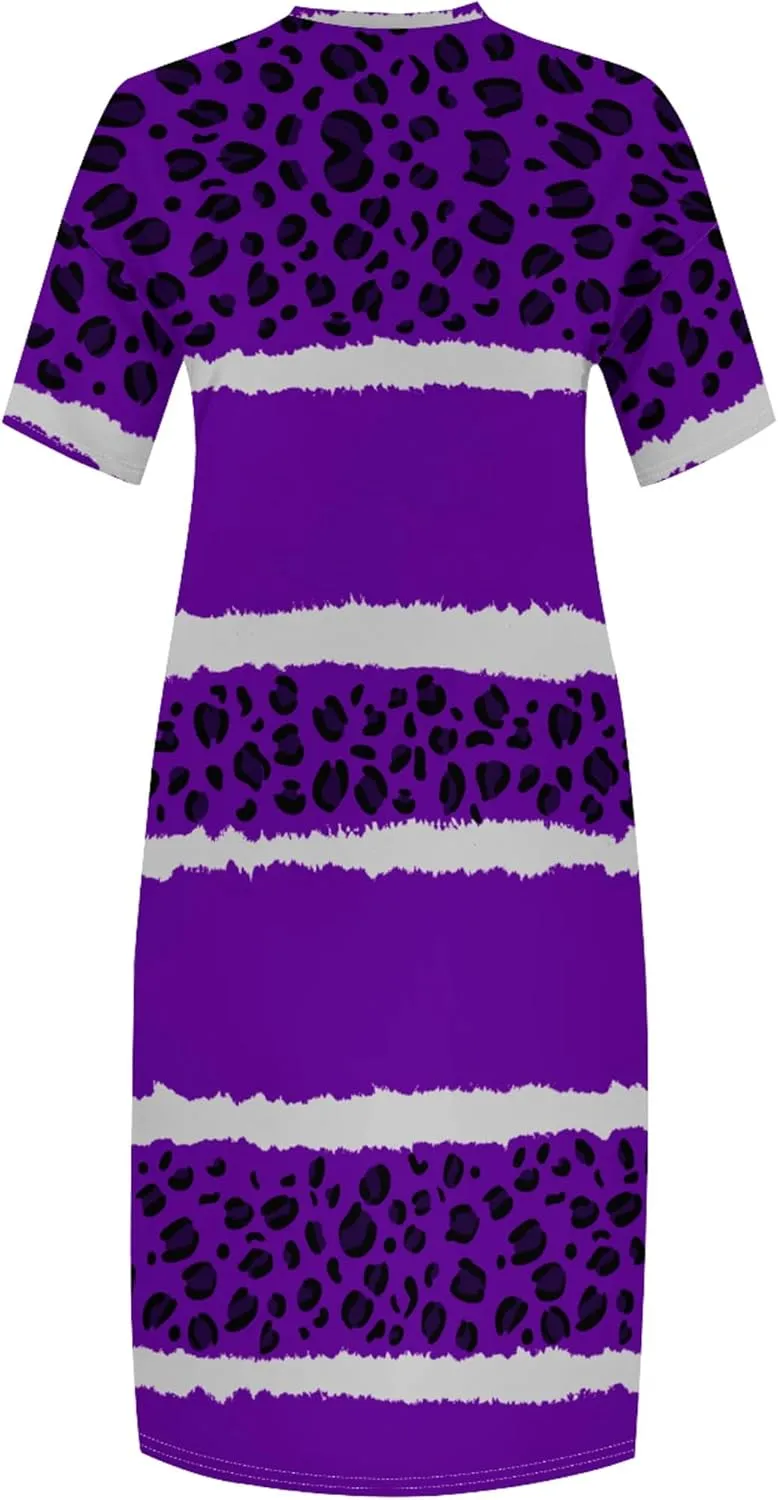 Women's Oversized Short-Sleeved Dress Denim Print V-Neck T-Shirt Maxi Dress Summer Trend Beach Sundress with Pockets