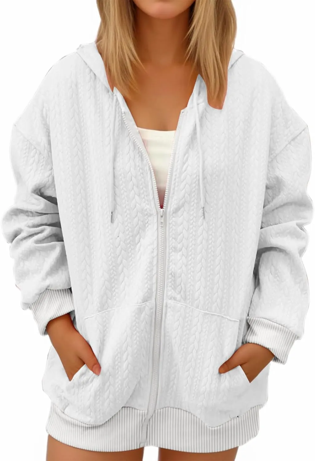 Womens Oversized Sweatshirt 2024 Zip Front Long Sleeve Hooded Knit Cardigan Sweater Solid Color Outwear Coat