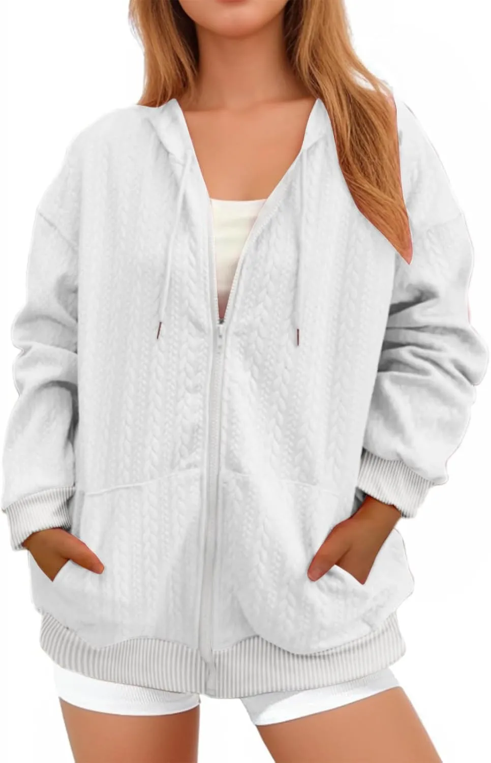 Womens Oversized Sweatshirt 2024 Zip Front Long Sleeve Hooded Knit Cardigan Sweater Solid Color Outwear Coat