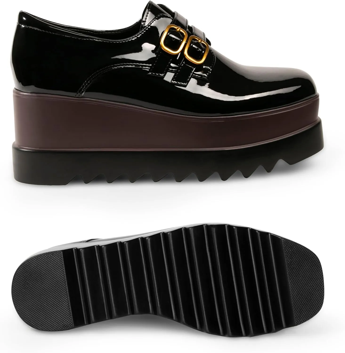 Women's Platform Oxford Shoes Classic Chunky Patent Leather PU Square Toe Wedges Casual Lace Up Sneakers