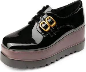 Women's Platform Oxford Shoes Classic Chunky Patent Leather PU Square Toe Wedges Casual Lace Up Sneakers
