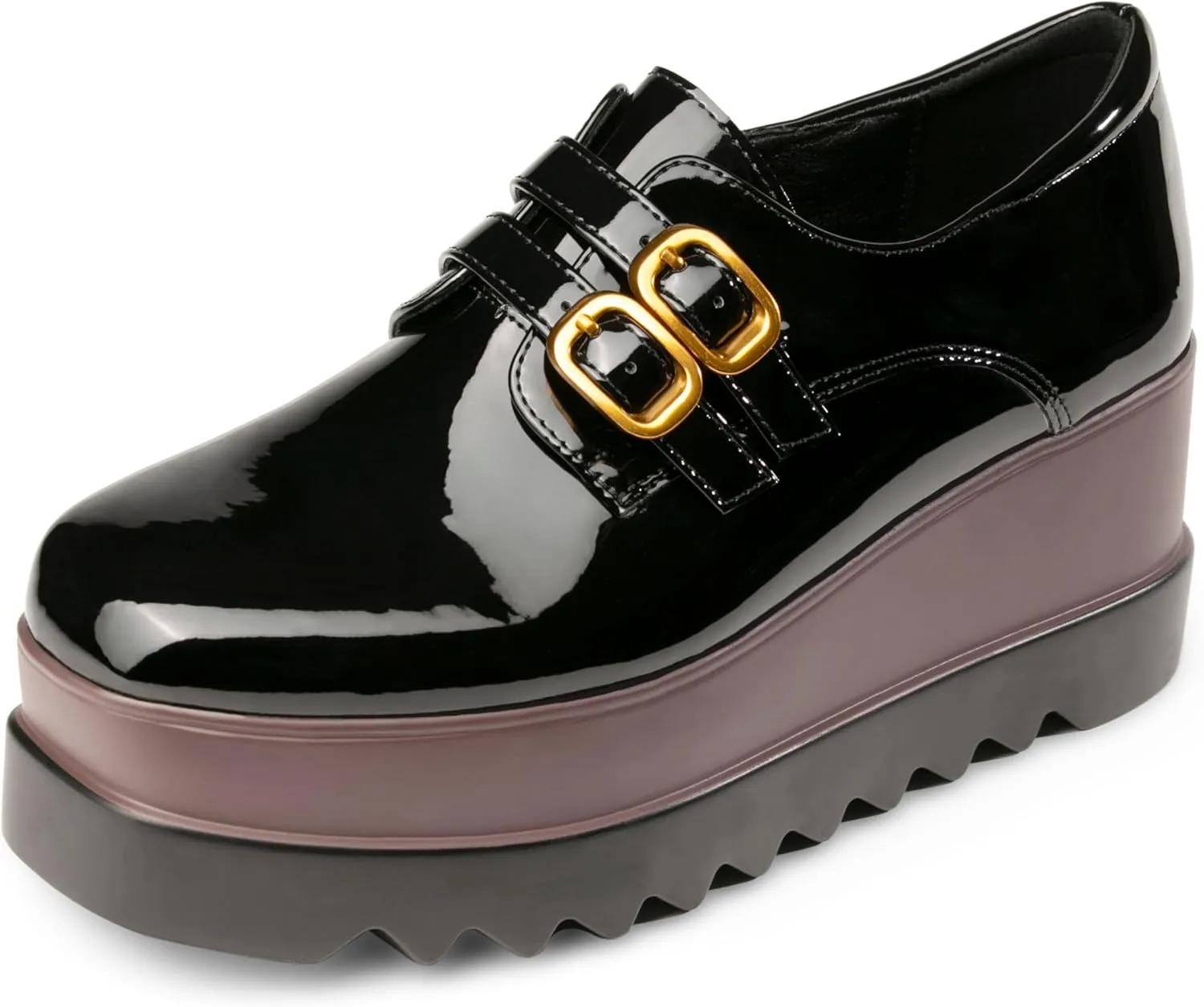 Women's Platform Oxford Shoes Classic Chunky Patent Leather PU Square Toe Wedges Casual Lace Up Sneakers