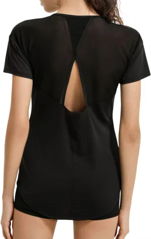 Women’s Short Sleeve Mesh Athletic Tops Open Back Workout Running Tank Tops