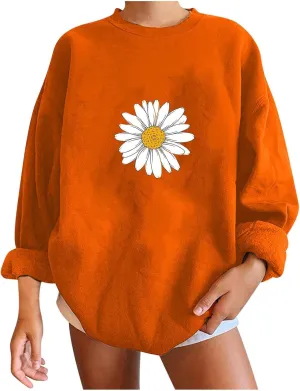 Womens Sunflower Print Sweatshirt Long Sleeve Oversized Hoodies Tops Crewneck Pullover Shirts Trendy Fall Outfits