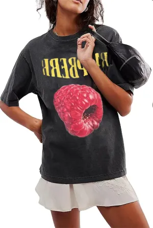 Womens Teens Oversized Graphic Tshirts Y2k Flower Fruit Vintage Tees Beach Surfer Casual Short Sleeve T Shirts