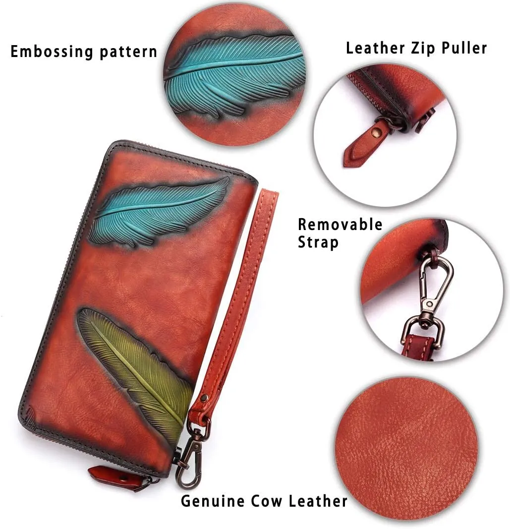 Women's Wallet Genuine Leather Zip Around Wristlet Long Purse Vintage Embossing Cowhide Capacity Handmade Clutch(Red)