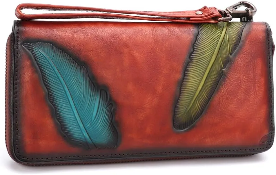 Women's Wallet Genuine Leather Zip Around Wristlet Long Purse Vintage Embossing Cowhide Capacity Handmade Clutch(Red)