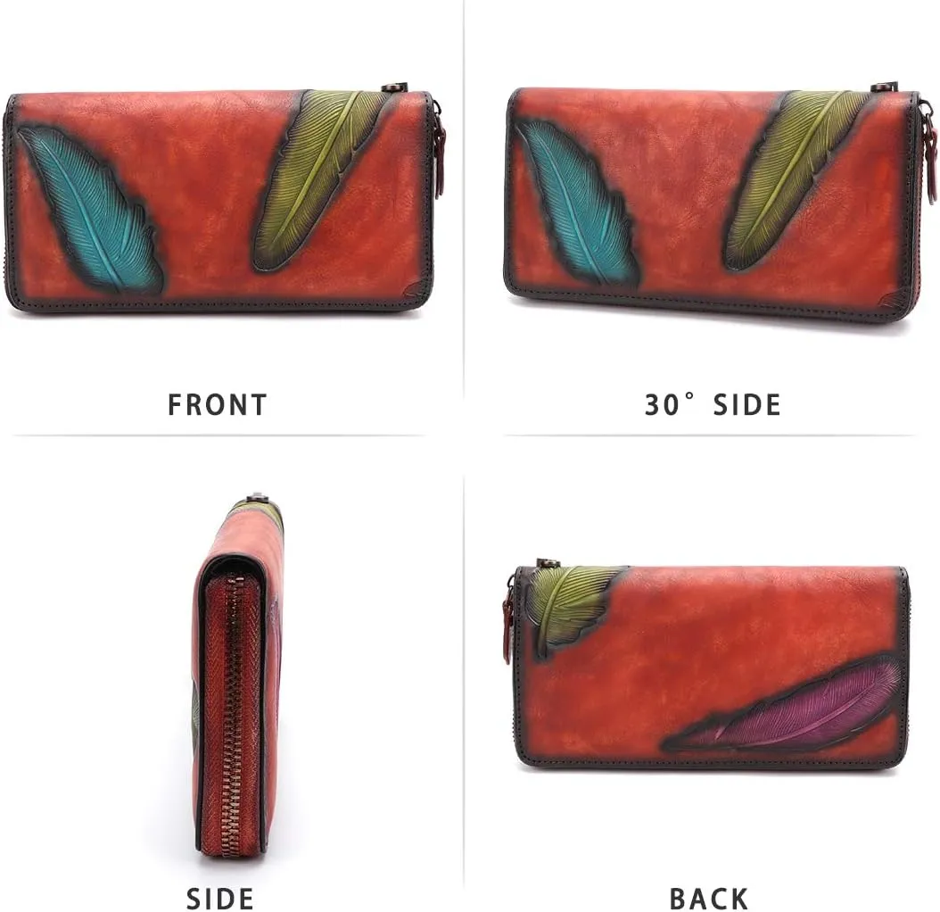 Women's Wallet Genuine Leather Zip Around Wristlet Long Purse Vintage Embossing Cowhide Capacity Handmade Clutch(Red)