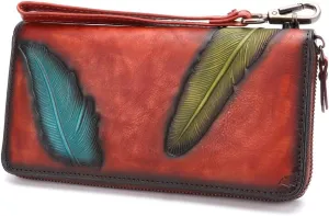 Women's Wallet Genuine Leather Zip Around Wristlet Long Purse Vintage Embossing Cowhide Capacity Handmade Clutch(Red)