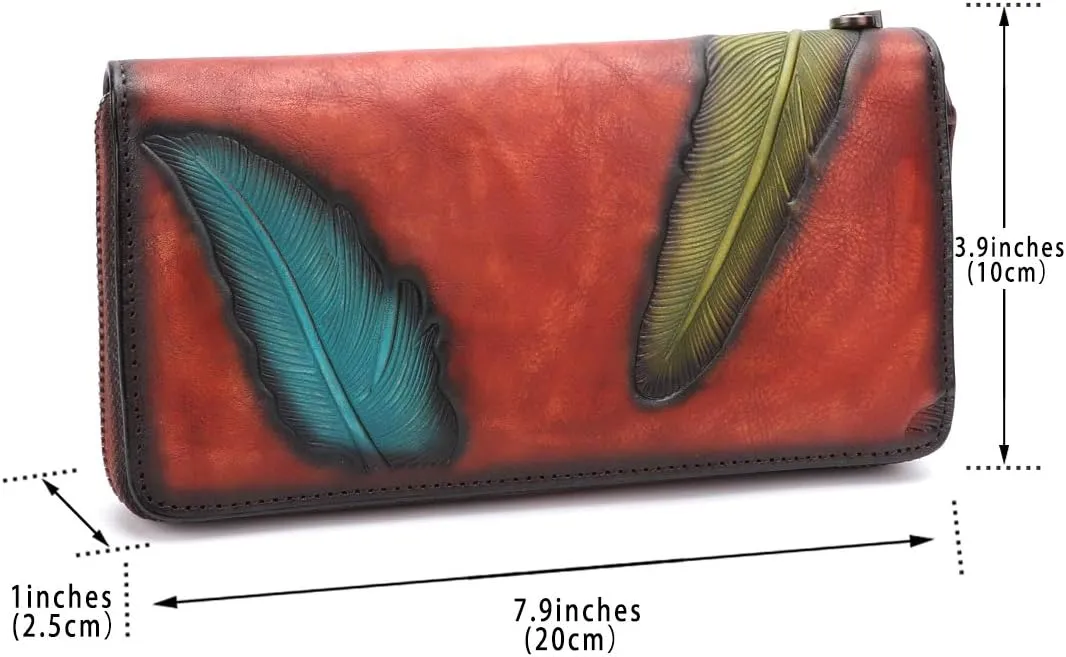 Women's Wallet Genuine Leather Zip Around Wristlet Long Purse Vintage Embossing Cowhide Capacity Handmade Clutch(Red)