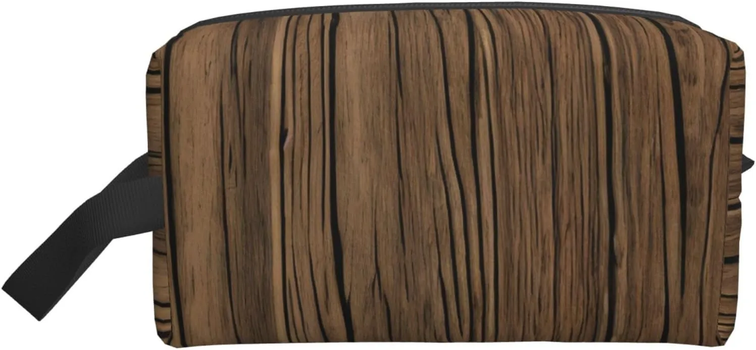 Wood Grain Print Large Capacity Cosmetic Organizer for Women and Men Portable Travel Makeup Pouch
