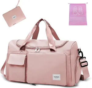 WOOMADA Foldable Travel Duffel Bag with Shoes Compartment, Overnight Bag with Wet Pocket & Trolley Sleeve, Weekender Bags for Women(B-pink)