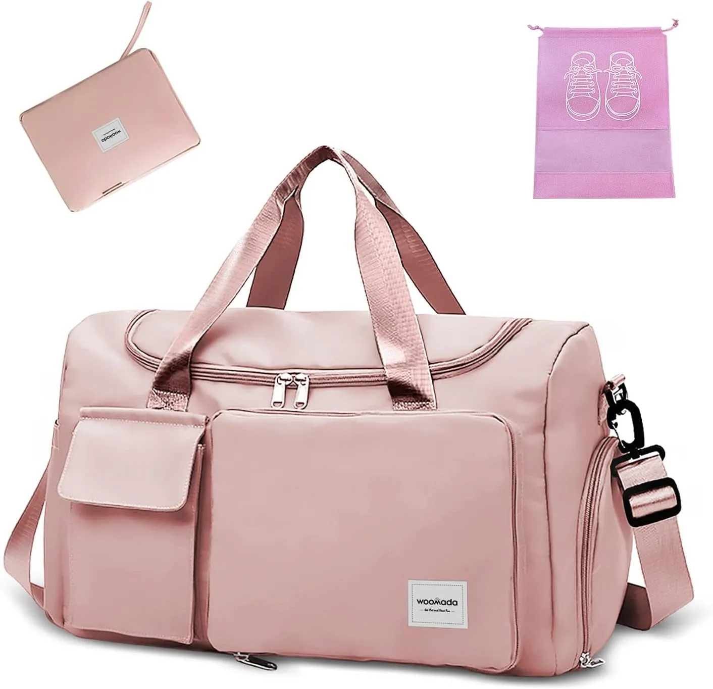 WOOMADA Foldable Travel Duffel Bag with Shoes Compartment, Overnight Bag with Wet Pocket & Trolley Sleeve, Weekender Bags for Women(B-pink)
