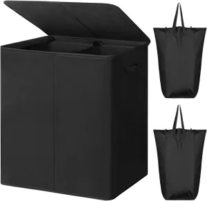 WOWLIVE 180L Double Laundry Hamper with Lid and Removable Laundry Bags, Large Dirty Clothes Hamper 2 section Collapsible Laundry Basket Dorm Room Storage for Bedroom, Bathroom, College,Black